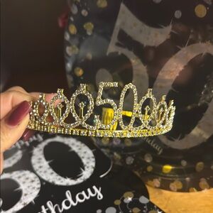 Gold Rhinestone Tiara Headband and party flavors